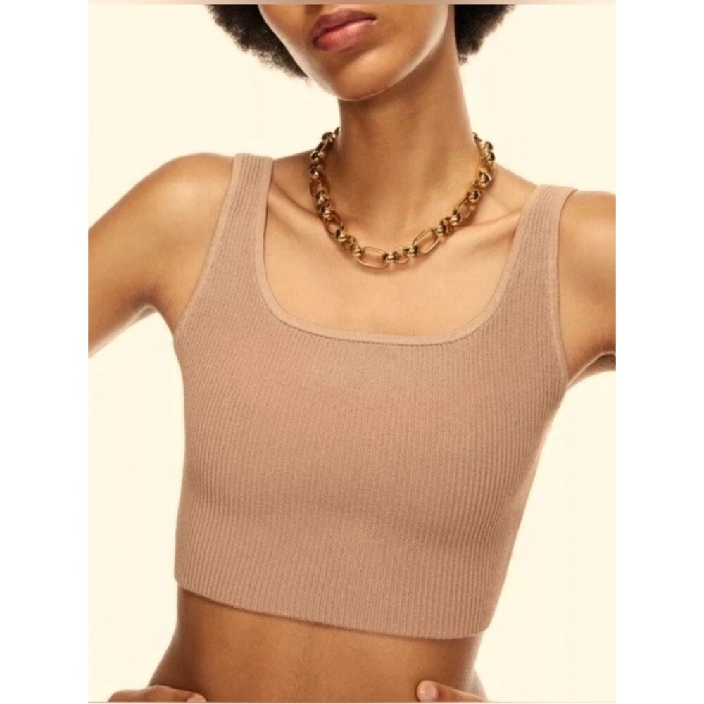 Aritzia Babaton Sculpt Knit Squareneck Cropped Ribbed Tank Small Taupe Tan Beige